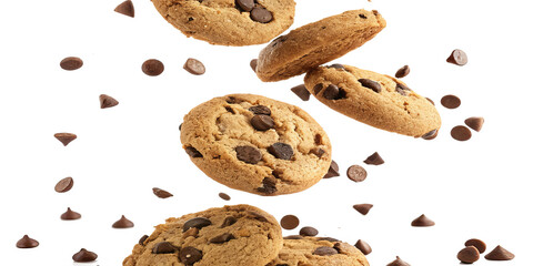 Chocolate chip cookies falling in mid-air with crumbs scattered around isolated on a white background	