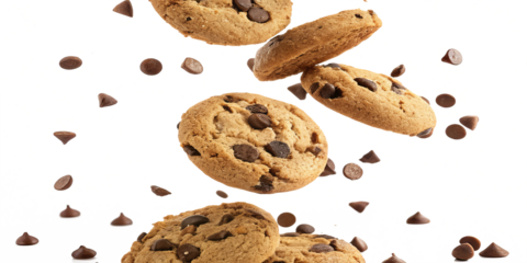 Chocolate chip cookies falling in mid-air with crumbs scattered around isolated on a white background	