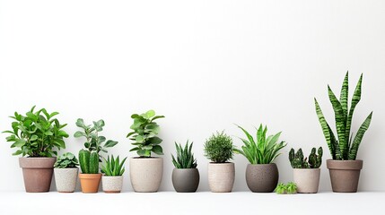 Obraz premium Houseplants in pots against white wall.