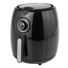 A modern black air fryer with a glossy surface and handle placed on a white background showing its sleek design	