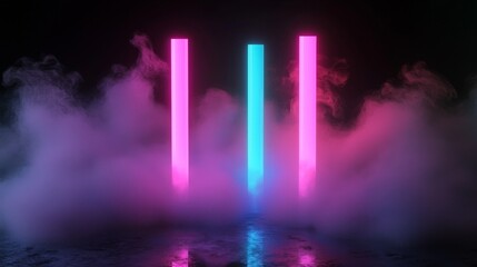 Fototapeta premium A captivating landscape dominated by glowing neon pillars that illuminate a hazy atmosphere during the night hours