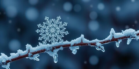 Obraz premium Intricate snowflake resting on icy branch, winter wonderland scene, sparkling, elegant