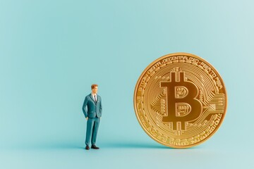 A tiny figure is placed before an enormous Bitcoin coin on a blue-colored background