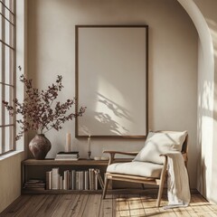 A white chair is in front of a white wall. A vase with flowers is on a table. A bookcase is behind the chair