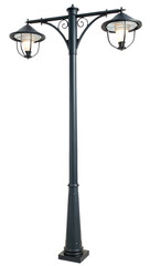 A black vintage-style street lamp with two lanterns and decorative metal pole isolated on a white background	