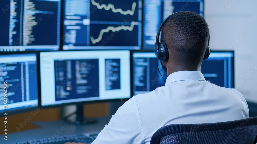 Poster focused professional with headset analyzing data on multiple screens