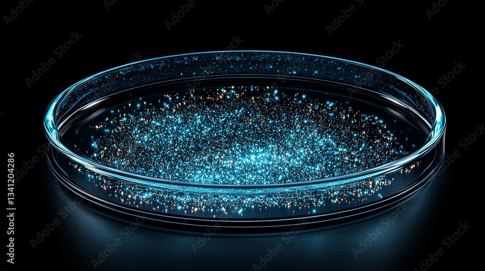 Poster a circularly designed tech interface with abstract blue hues and digital components, suited for idea