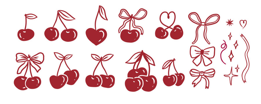 Set of red cherries with bows. Cute vintage elements collection. Flat vector illustrations set. Trendy chery vibe for design.