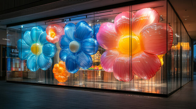 Colorful flower installations adorn a shop window in an urban setting at night