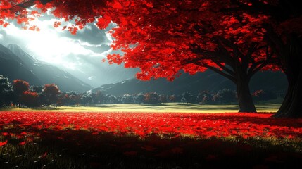 Crimson Landscape: Tree, Flowers, Mountains