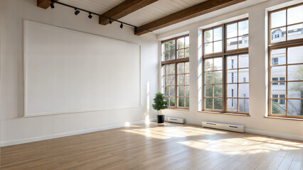 Bright empty room with hardwood floors and large windows bathed in sunlight. Spacious interior with white walls, wooden ceiling beams, and small potted plant in corner. Concept: real estate, interior 