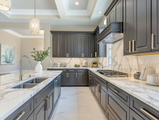 A kitchen with a white counter and black cabinets. The cabinets are made of wood and the counter is made of granite