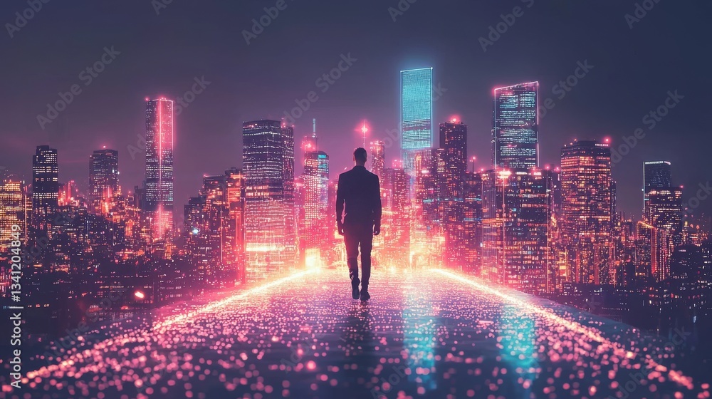 Poster at night, a futuristic digital cityscape with glowing data and abstract patterns serves as the backd