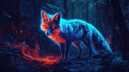 Luminous fox portrait amidst an enchanted forest with vibrant neon accents