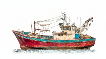 Obraz premium This image of a fishing boat on a white background is well-suited for themes related to maritime, fishing, or adventure