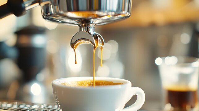 Artisanal Coffee and pouring coffee and coffee beans concept. Elegant Espresso Machine Brewing Fresh Coffee Drip
