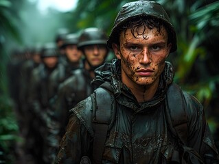 Obraz premium Mud stained soldier leading a determined military unit through a dense jungle terrain