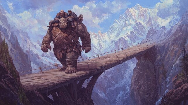 The illustration depicts a Troll's bridge surrounded by mountain peaks in a mystical adventure fantasy wallpaper setting