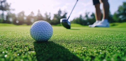 Close-up of a golf ball on green grass with a golfer preparing a swing in the background.