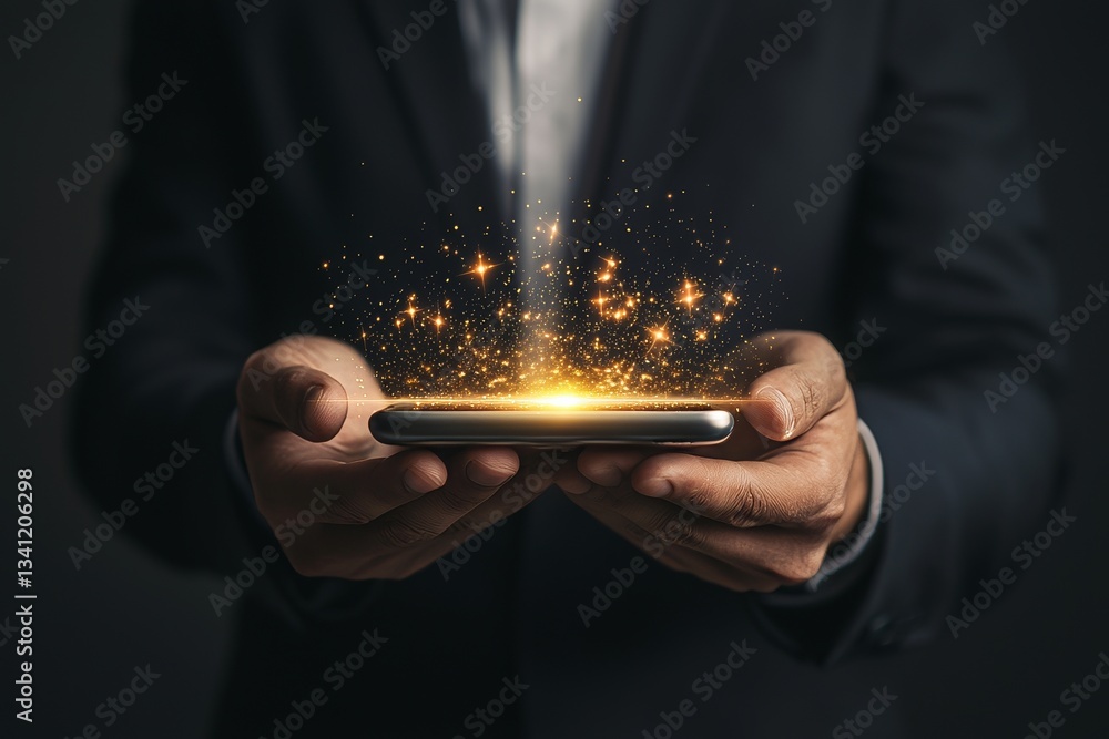 Poster a smartphone held by hands and emitting a glowing network symbolizes the concepts of connectivity, d