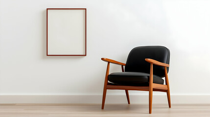 Mid Century Modern Black Armchair and Empty Frame on White Wall
