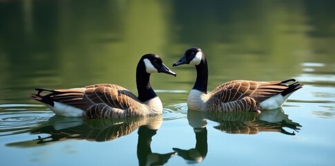 Fototapeta premium Canada geese float serenely, ripples disturb the glassy water , photo, photography, environment