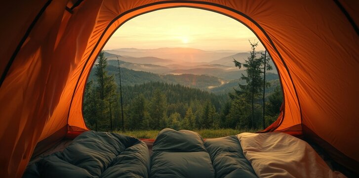Looking out of a tent at dawn or dusk, one is met with stunning natural beauty, with sleeping bags on the ground, perfect for outdoor enthusiasts who love camping, hiking, and exploring the