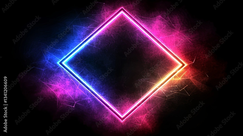 Poster neon blue and purple squares glow on a black background, overlaid with a digital grid of lines to cr