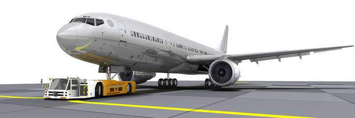 3d Jet, Passagierflugzeug mit Schlepper wird zur Startposition geschleppt, freigestellt