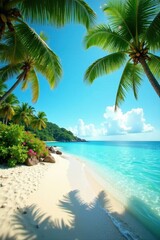 Obraz premium Chic beachfront resort, pristine sand, lush palms , ocean view, south pacific