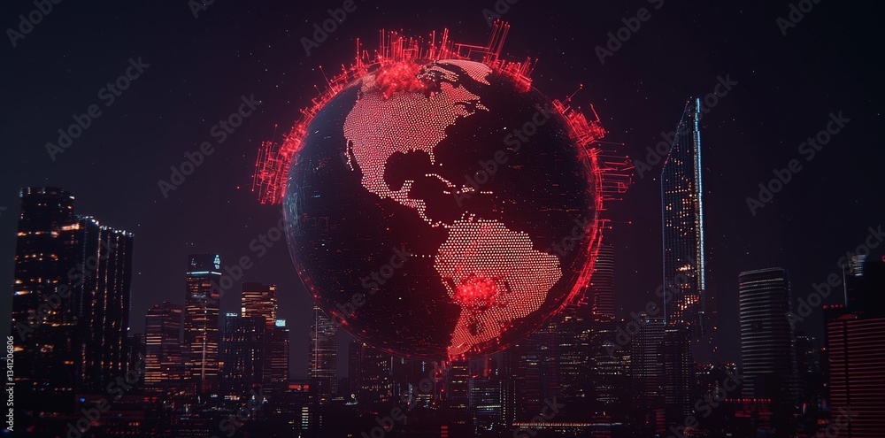 Poster a global city of the future has a digital network overlay with its illuminated skyline reflected on 
