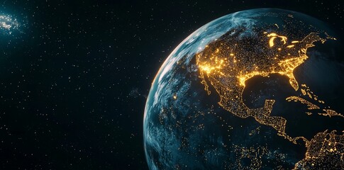 The cityscape of the future is shown with a digital network and illuminated skyline that is reflected in the water during nighttime hours