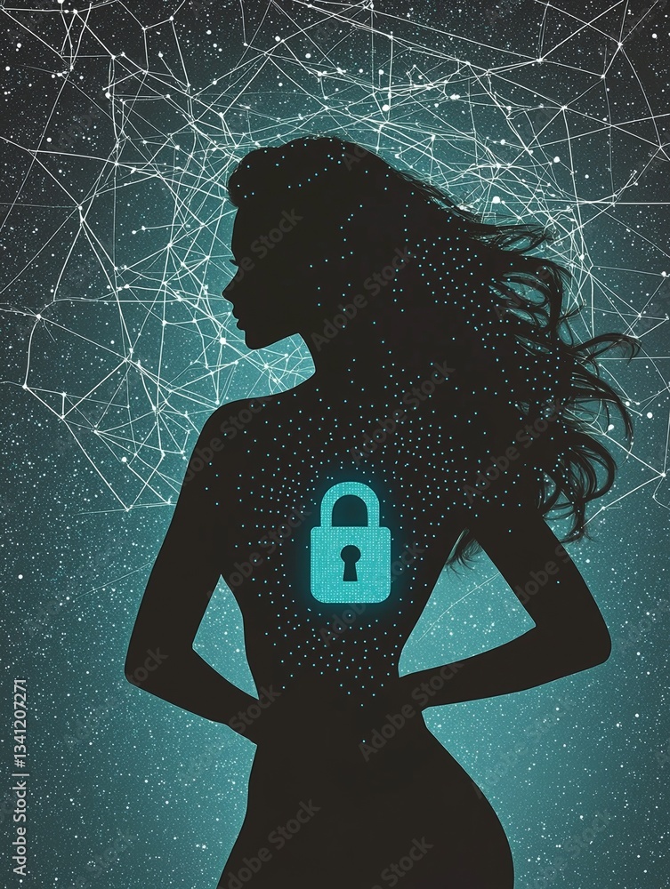 Poster a dark outline of a human figure is positioned in front of a luminous digital screen, underscoring t