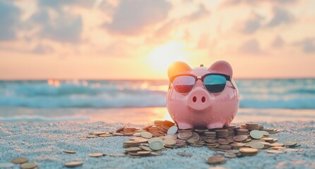 On a beach, a pink piggy bank dons sunglasses and is accompanied by gold coins, representing a thriving vacation savings and investment plan set against a summer holiday backdrop