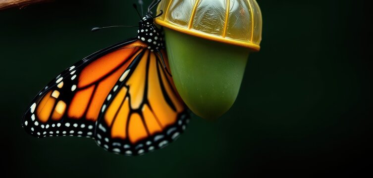 Close-up of monarch butterfly emerging from chrysalis, wings still damp, black, macro