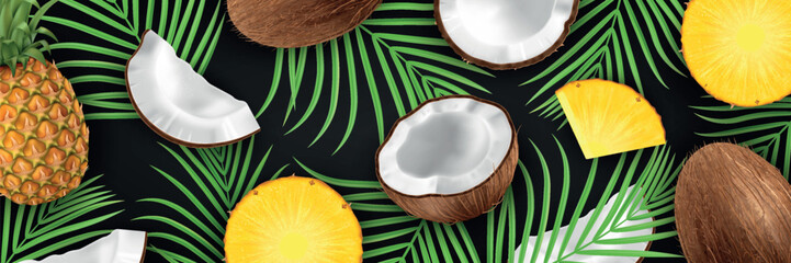 Tropical Fruit Background with pineapple, coconut, whole and pieces on palm tree leaves. 3d summer banner design.
