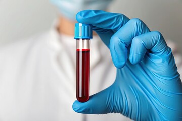 Blood cells play a crucial role in cholesterol transport and regulation. A close-up of a gloved hand holding a blood sample in a test tube, emphasizing laboratory procedures and medical analysis.