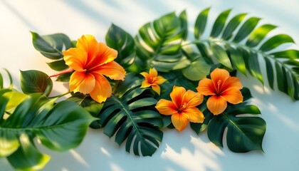 Fototapeta premium Vibrant Orange Hibiscus Flowers and Tropical Green Leaves on White Background