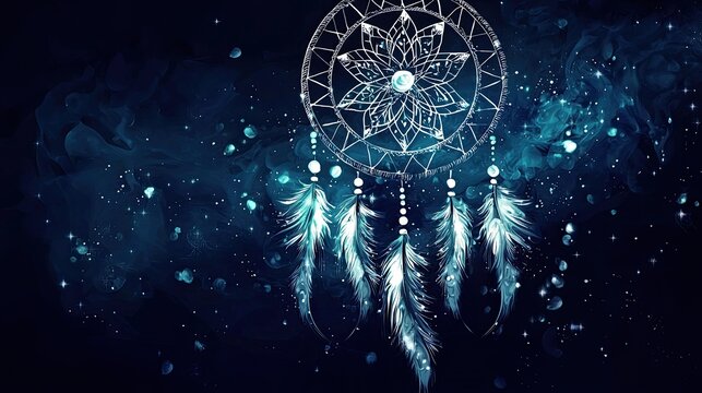 an abstract dreamcatcher design filled with white patterns.