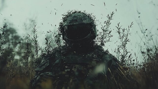 A futuristic combatant, wearing advanced armor that blends into the surroundings, is hidden in the dense green jungle, their visor adorned with technological patterns that imply a secretive and