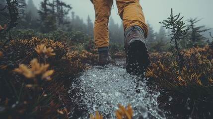 An outdoor enthusiast, recognizable by their yellow jacket and brown pants, stands in tall grass while wearing rugged boots that are commonly associated with hiking and nature exploration