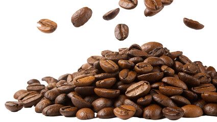 Roasted coffee beans falling onto a pile of coffee beans in close-up view isolated on a white background	