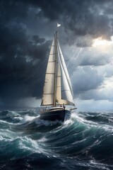 Yacht in the Midst of a Tumultuous Ocean Battling Whirlwinds and Thunderstorms During a Storm, Symbolizing Strength and the Quest for Shelter