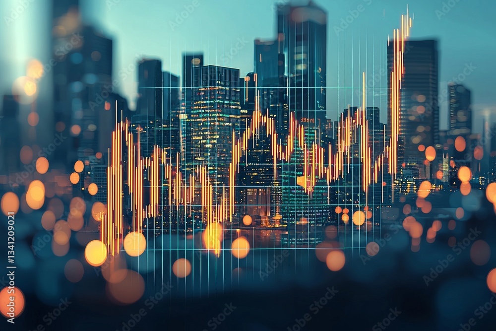 Aufkleber data analysis is represented by a cityscape at night with blurred lights and an overlay of graph lin