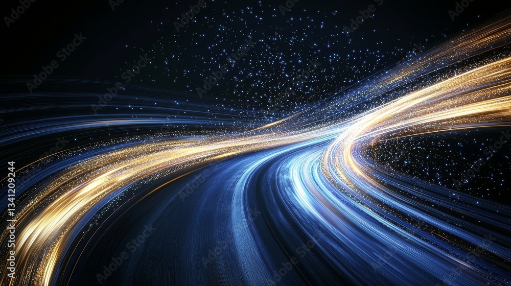 Poster the background of this design is a dark blue, futuristic setting with blurred lines and streaks of l