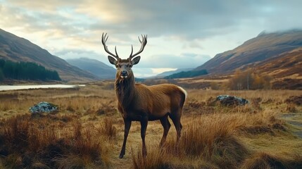 Majestic male stag standing proudly in a serene valley surrounded by mountains and lush grassland