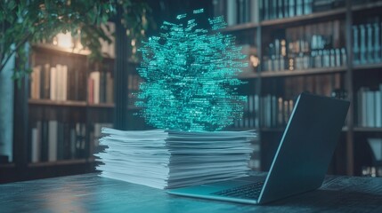 Shows the process of transforming physical papers into digital data, illustrating the move from paper-based documentation to digital data storage and management systems