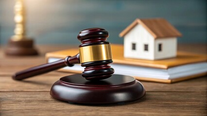 Economic recession impacts businesses, employment, and market stability. A gavel rests on a wooden surface next to a small house model and a book, symbolizing law, real estate, and legal proceedings.