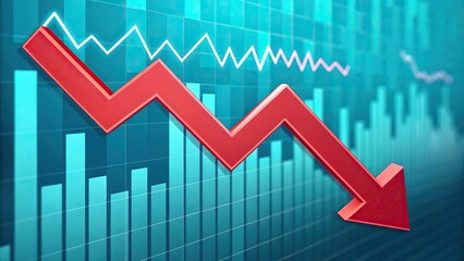 Fototapeta premium Economic recession impacts businesses, employment, and market stability. A red downward trend line overlaid on a blue graph, indicating a decline in data or market performance.