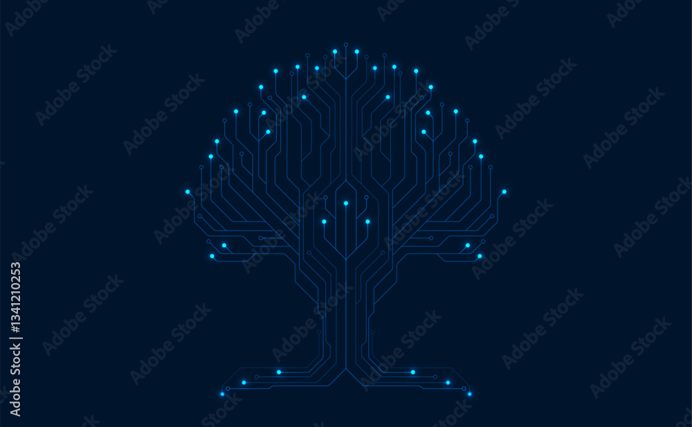 Poster technology big data tree network on blue background. digital circuit board internet connection. hi-t